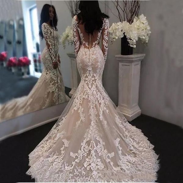 2019 New Illusion Long Sleeves Lace Mermaid Wedding Dresses Tulle Applique Court Wedding Bridal Gowns With Buttons
2019 New Illusion Long Sleeves Lace Mermaid Wedding Dresses Tulle Applique Court Wedding Bridal Gowns With Buttons