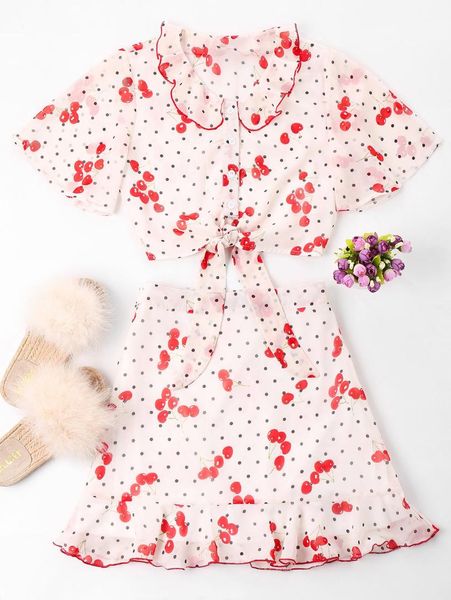 cherry print knotted with ruffle skirt set summer beach women two pieces button up crop polka dot suit, White
cherry print knotted with ruffle skirt set summer beach women two pieces button up crop polka dot suit, White