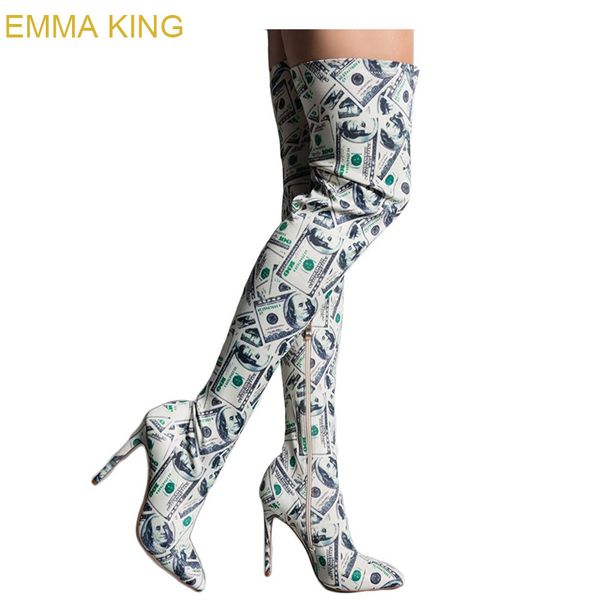 emma king stylish dollar print women winter boots over the knee thigh high boots high heels pointed toe zipper party club, Black
emma king stylish dollar print women winter boots over the knee thigh high boots high heels pointed toe zipper party club, Black