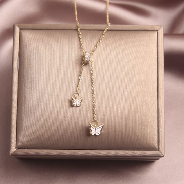 2020 korean new design fashion jewelry cute double butterfly drop oil white pendant elegant clavicle female necklace, Silver 
2020 korean new design fashion jewelry cute double butterfly drop oil white pendant elegant clavicle female necklace, Silver