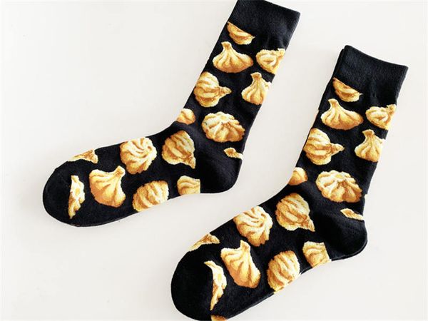 steamed buns womens designer socks food style printed womens cotton hosiery female socks, Black;white