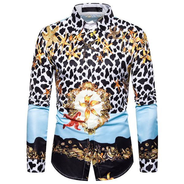 fashion print mens designer shirts long sleeve mens turndown collar shirts spring loose males casual shirts, White;black 
fashion print mens designer shirts long sleeve mens turndown collar shirts spring loose males casual shirts, White;black
