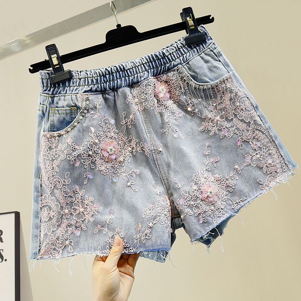 women's summer denim shorts sequin tassel chain three-dimensional flower diamond set mesh stitching women's fashion pants, Blue
women's summer denim shorts sequin tassel chain three-dimensional flower diamond set mesh stitching women's fashion pants, Blue