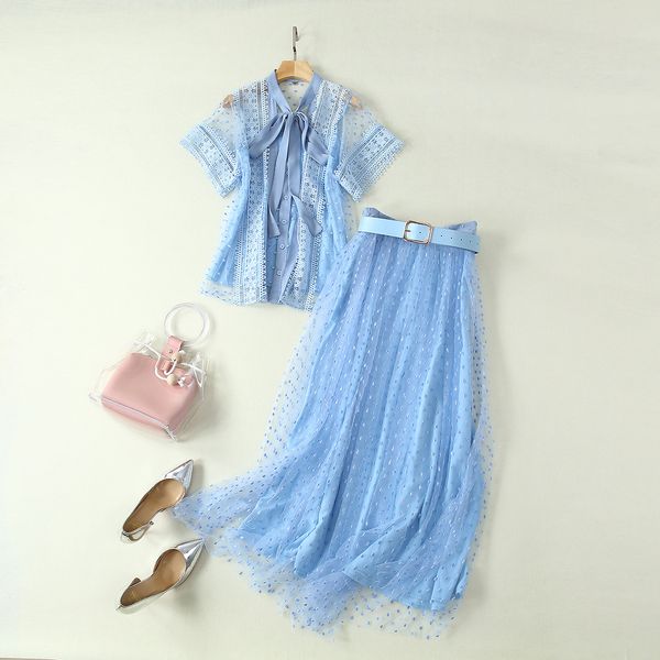 new styles for women's clothing in the summer of 2019 short sleeve bow collar embroidered mesh shirt high-waisted skirt suit, White
new styles for women's clothing in the summer of 2019 short sleeve bow collar embroidered mesh shirt high-waisted skirt suit, White