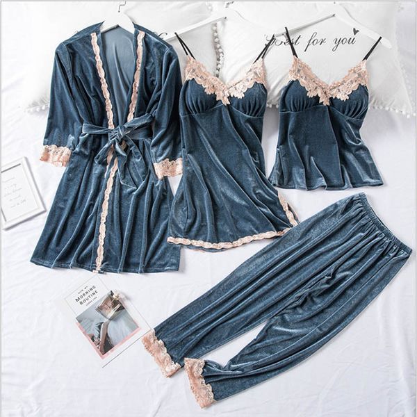 autumn and winter new pajamas four-piece women's gold velvet sling trousers pyjamas set femle home service suit sleepwear, Black;red
autumn and winter new pajamas four-piece women's gold velvet sling trousers pyjamas set femle home service suit sleepwear, Black;red