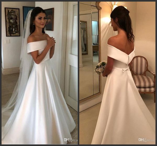 elegant simple a line wedding dresses satin off the shoulder wedding bridal gowns sweep train casual dresses zipper with buttons back, White
elegant simple a line wedding dresses satin off the shoulder wedding bridal gowns sweep train casual dresses zipper with buttons back, White