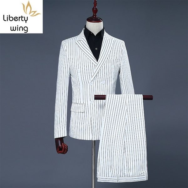 mens white double breasted blazer coat stripe pants two piece suit male slim fit wedding party suits set s-2xl, White;black
mens white double breasted blazer coat stripe pants two piece suit male slim fit wedding party suits set s-2xl, White;black