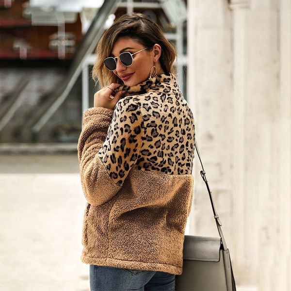 winter loose women hoodie soft artificial fleece fall zipper pullover long sleeve with pockets leopard patchwork causal jumper, Black 
winter loose women hoodie soft artificial fleece fall zipper pullover long sleeve with pockets leopard patchwork causal jumper, Black