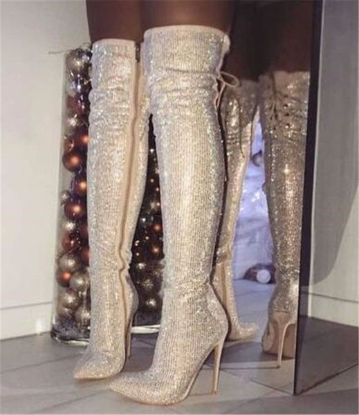 women side zip full rhinestone over knee thin heel boots pointy toe bling bling crystal slim high heel back lace up boots shoes, Black
women side zip full rhinestone over knee thin heel boots pointy toe bling bling crystal slim high heel back lace up boots shoes, Black