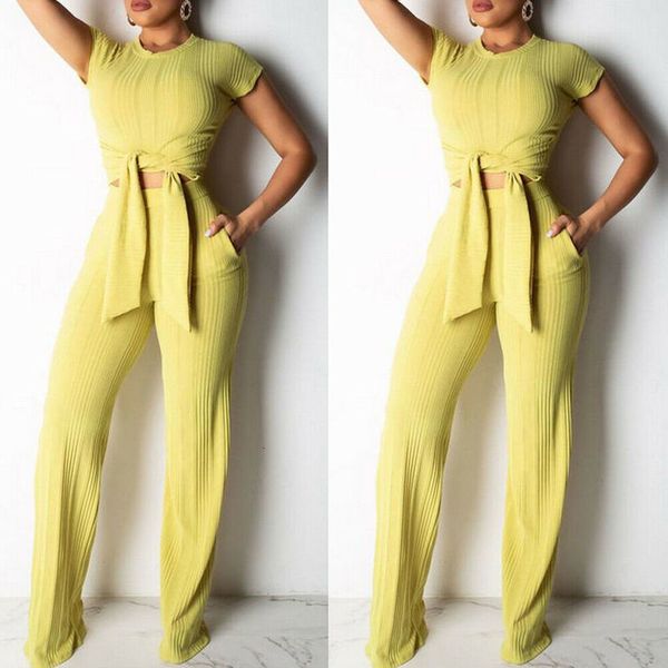women lady 2 pieces trousers set women 2019 high waist wide pants set summer fashion trousers and cropped o-neck lace-up set, Gray 
women lady 2 pieces trousers set women 2019 high waist wide pants set summer fashion trousers and cropped o-neck lace-up set, Gray