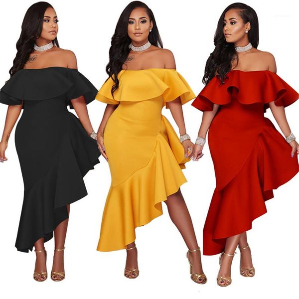 neck dress women lucury solid ruffer trumpet dresses ladies night club party dresses summer female slash, White;black 
neck dress women lucury solid ruffer trumpet dresses ladies night club party dresses summer female slash, White;black