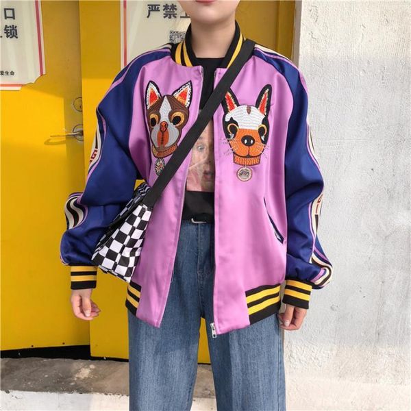 s - 3xl women's jacket 2020 new striped satin coat female cartoon embroidered baseball coat harajuku short flight jacket top, Black;brown
s - 3xl women's jacket 2020 new striped satin coat female cartoon embroidered baseball coat harajuku short flight jacket top, Black;brown