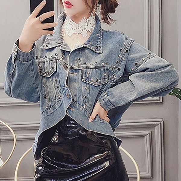 

yu kube irregular bomber short denim jackets streetwear jeans jacket casual rivets decoration outwear jaqueta jacket feminina, Black;brown