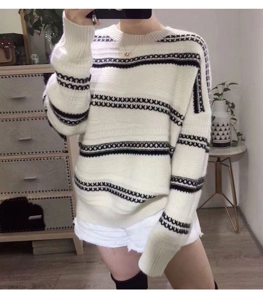 women's sweaters round neck sweater autumn and winter striped knit pullover loose long-sleeved bottom coat sweater-, White;black
women's sweaters round neck sweater autumn and winter striped knit pullover loose long-sleeved bottom coat sweater-, White;black