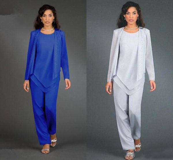 New Designer 3 Pieces Royal Blue Mother of The Bride Pant Suits Long Sleeves Chiffon Women Party Gowns Lady Evening Dresses
New Designer 3 Pieces Royal Blue Mother of The Bride Pant Suits Long Sleeves Chiffon Women Party Gowns Lady Evening Dresses