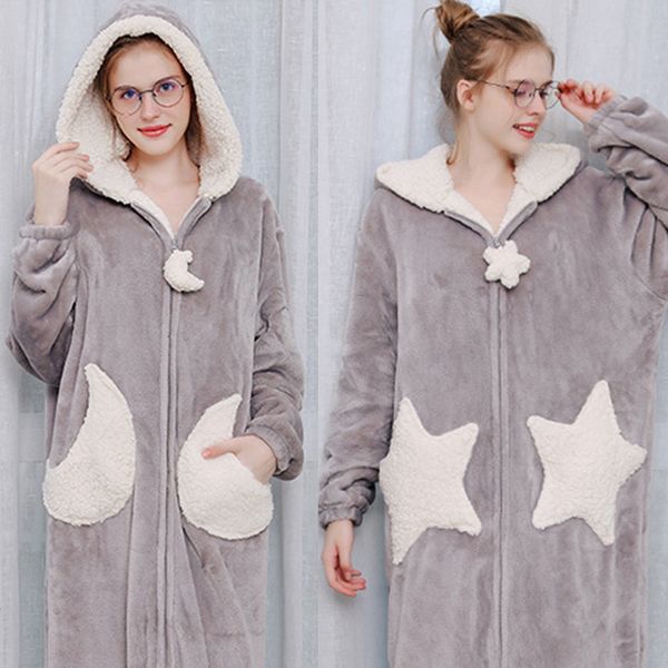 new style long flannel fleece hooded dressing gown women men warm star moon zipper sleepwear robe, Black;red
new style long flannel fleece hooded dressing gown women men warm star moon zipper sleepwear robe, Black;red