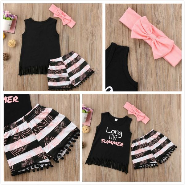 Kids Baby Girls Clothes round neck letter print Sleeveless pullover Tops striped tassels Shorts Bow Headband 3pc cotton Outfits
Kids Baby Girls Clothes round neck letter print Sleeveless pullover Tops striped tassels Shorts Bow Headband 3pc cotton Outfits