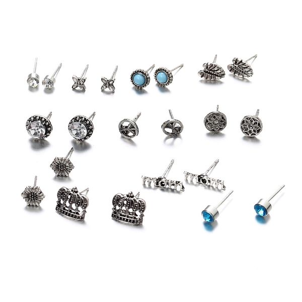 bohemia creative crown flower stud set alloy crystal turquoise stones earrings jewelry women gilrs' gift