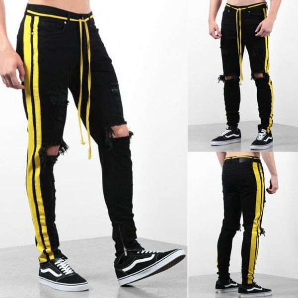 men's yellow striped hole trousers brand new fashion men pants slim stretch frayed destroyed ripped skinny trousers biker, Black
men's yellow striped hole trousers brand new fashion men pants slim stretch frayed destroyed ripped skinny trousers biker, Black