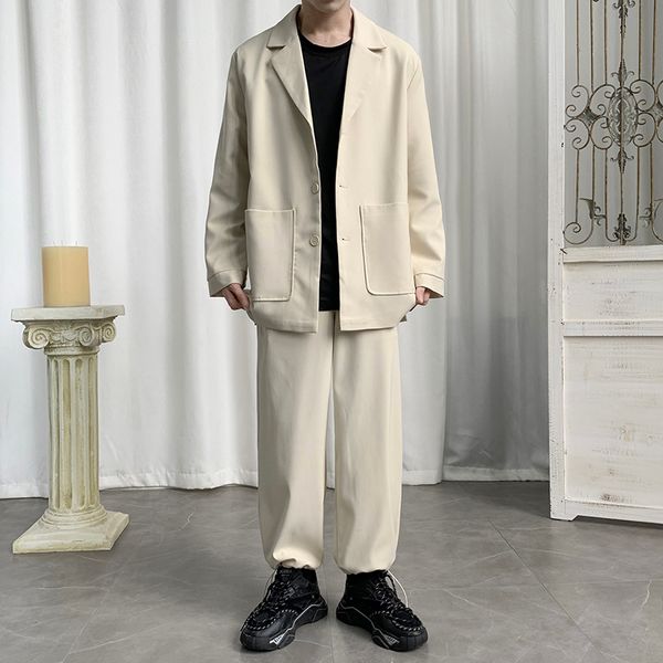 men 2 pieces suits sets male japan korea streetwear fashion retro casual suit blazer coat jacket elastic waist pant sweatpants, White;black
men 2 pieces suits sets male japan korea streetwear fashion retro casual suit blazer coat jacket elastic waist pant sweatpants, White;black