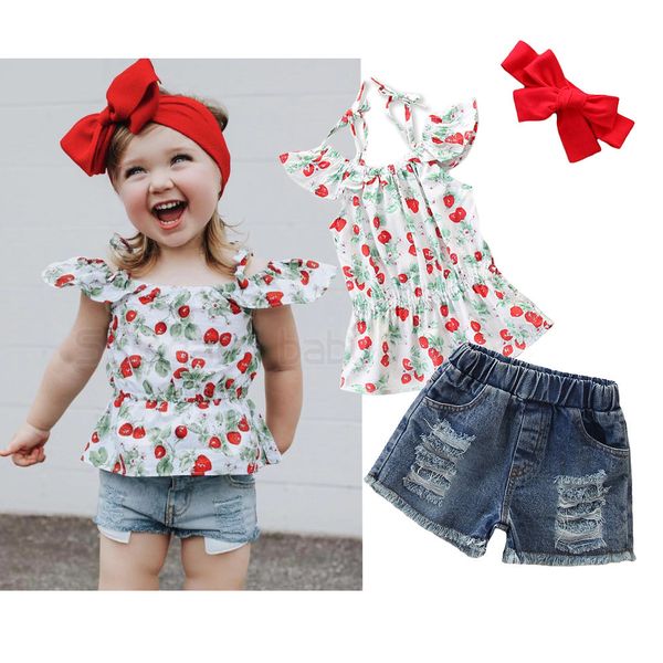 retail girls boutique outfits summer sling strawberry hole jeans 2pcs suits baby tracksuit kids designer clothes children clothing sets, White
retail girls boutique outfits summer sling strawberry hole jeans 2pcs suits baby tracksuit kids designer clothes children clothing sets, White