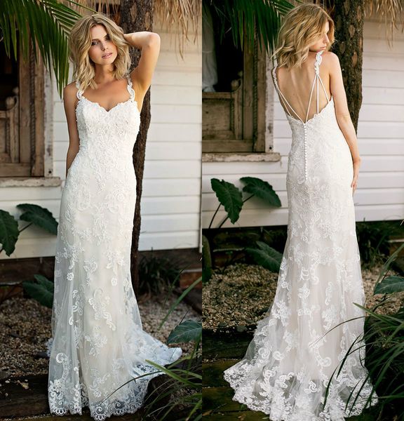 2019 lace mermaid wedding dresses spaghetti appliqued sweep train country wedding dress custom made plus size bohemian bridal gowns, White
2019 lace mermaid wedding dresses spaghetti appliqued sweep train country wedding dress custom made plus size bohemian bridal gowns, White
