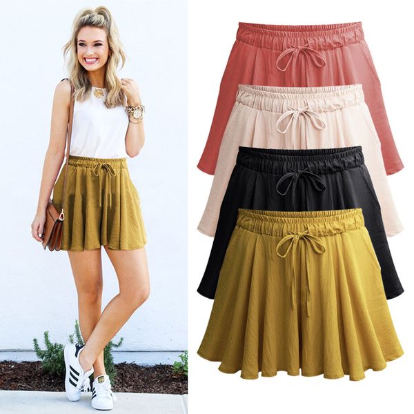 

summer thin section loose-fit casual shorts women's large size pants wide leg a- line skirt pants elastic waist high-waisted loo, Black;blue
