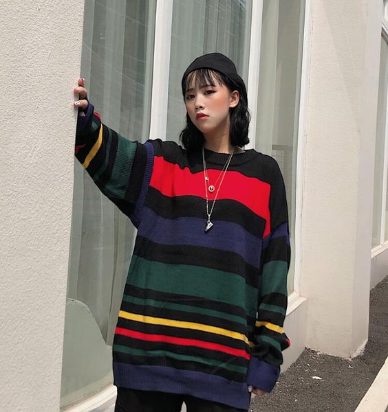 new women's contrast color stripe stitching round neck long sleeve loose sweater, White;black
new women's contrast color stripe stitching round neck long sleeve loose sweater, White;black