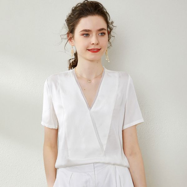 women's blouses & shirts 100% natural silk o neck short sleeves fashion pullover casual blouse, White 
women's blouses & shirts 100% natural silk o neck short sleeves fashion pullover casual blouse, White
