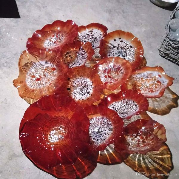Hand Blown Murano Glass Hanging Wall Art Plates Europe Style Glass Orange Flower Ceiling Sconce Decor Plates Indoor Decoration