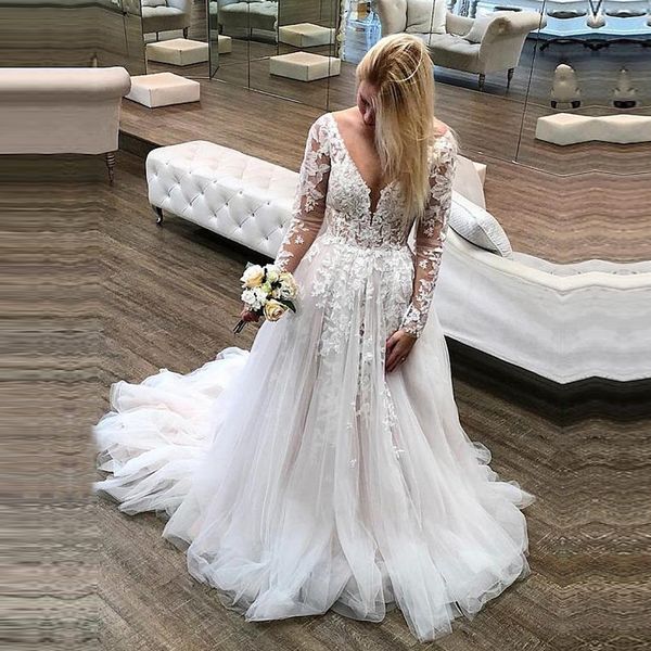 illusion lace long sleeve wedding dresses deep v neck open backless appliques tulle a line bridal gowns vestidos de noiva, White
illusion lace long sleeve wedding dresses deep v neck open backless appliques tulle a line bridal gowns vestidos de noiva, White