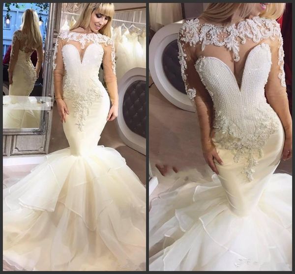 2019 dubai sparkly mermaid wedding dresses long sleeve illusion bodice major bridal gowns beading cascading ruffles country wedding dress, White
2019 dubai sparkly mermaid wedding dresses long sleeve illusion bodice major bridal gowns beading cascading ruffles country wedding dress, White