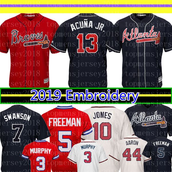 

Atlanta 2019 Braves 13 Ronald Acuña Jr. 27 Austin Riley Jersey 10 Chipper Jones 44 Hank Aaron 5 Freddie Freeman Jerseys