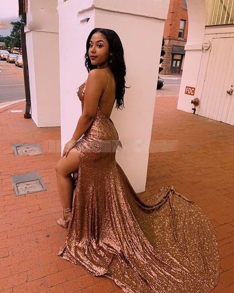 bling sequins rose gold african prom dresses with split mermaid spaghetti straps v-neck open back graduation dresses long, Black
bling sequins rose gold african prom dresses with split mermaid spaghetti straps v-neck open back graduation dresses long, Black