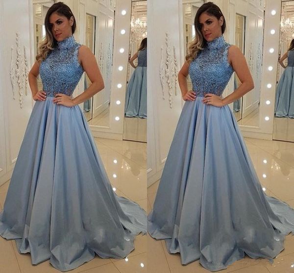 high neck dusty blue prom dresses 2019 new design sweep train a-line pleats beaded lace formal evening party gowns vestidos de fiesta p030, Black
high neck dusty blue prom dresses 2019 new design sweep train a-line pleats beaded lace formal evening party gowns vestidos de fiesta p030, Black