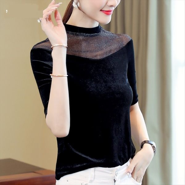 love clothes 2020 small stand collar bright silk perspective stitching velvet short half sleeve top, White
love clothes 2020 small stand collar bright silk perspective stitching velvet short half sleeve top, White