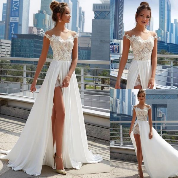 a line lace beach wedding dresses sheer bateau neck bohemian side split bridal gowns sweep train robe de mariée, White
a line lace beach wedding dresses sheer bateau neck bohemian side split bridal gowns sweep train robe de mariée, White