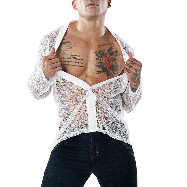 men's mesh see-through button down shirt fashion v neck mesh cardigan shirt men club party perform transparent tee, White;black
men's mesh see-through button down shirt fashion v neck mesh cardigan shirt men club party perform transparent tee, White;black