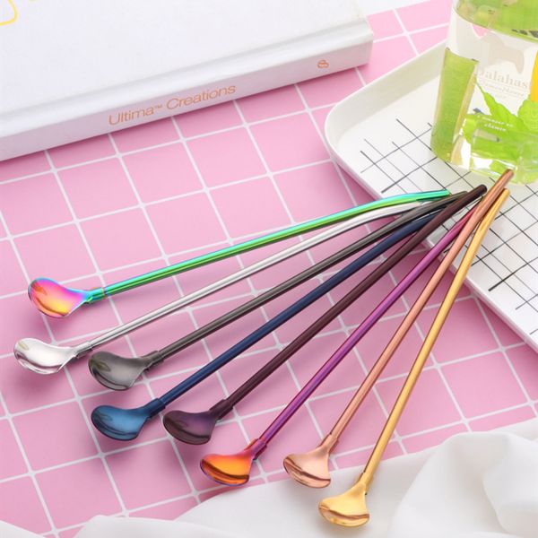 

new creative simple long straws spoon 304 stainless steel drinking straws bar and restaurant drink straw bar spoons metal straws t2i5271