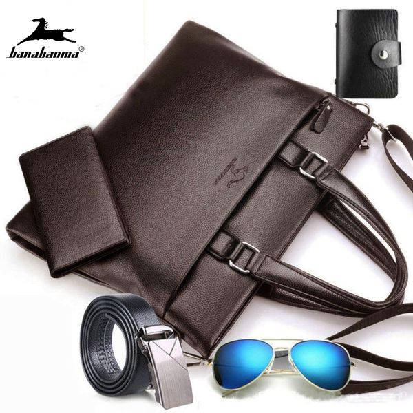 briefcases men's leather briefcase totes bag for documents men shoulder male business 14-inch computer (5pcs / with purse and belt