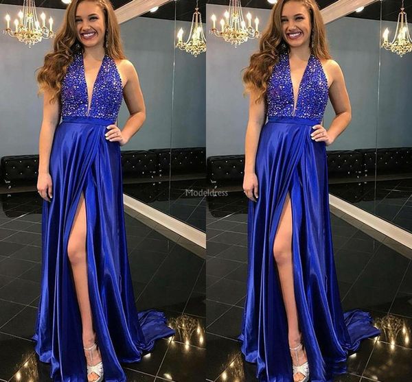 Sexy Royal Blue Prom Dresses 2019 Beads High Side Split Sweep Train Modern Special Occasion Dresses A Line Formal Party Evening Gown Vestido
Sexy Royal Blue Prom Dresses 2019 Beads High Side Split Sweep Train Modern Special Occasion Dresses A Line Formal Party Evening Gown Vestido