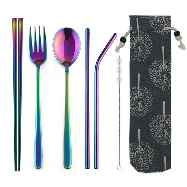 portable travel dinneware set 304 stainless steel fork scoop chopsticks straw silverwar set rainbow cutlery with pouch
portable travel dinneware set 304 stainless steel fork scoop chopsticks straw silverwar set rainbow cutlery with pouch
