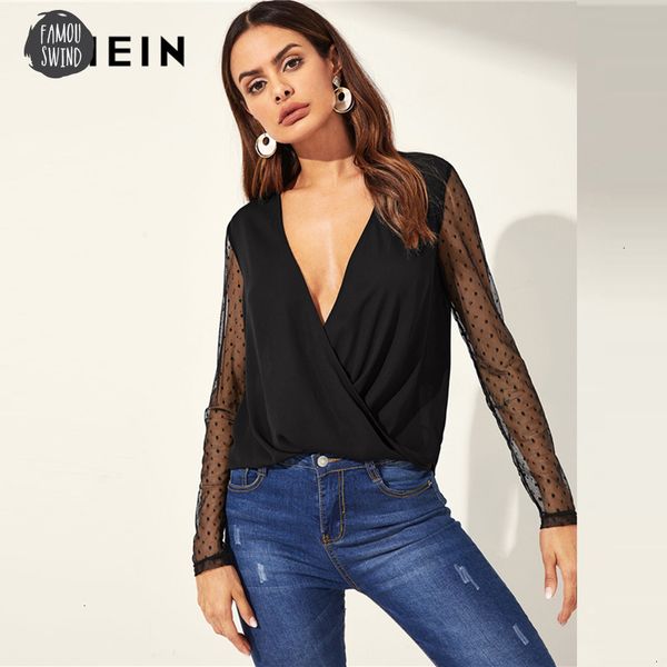 black blouses deep v neck wrap dot contrast mesh sheer shirt long sleeve blouse women night out spring top, White
black blouses deep v neck wrap dot contrast mesh sheer shirt long sleeve blouse women night out spring top, White