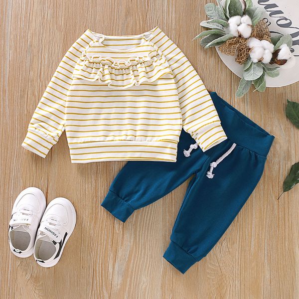 

children clothes infant baby boys&girls long sleeve ruffles striped print +pants 2pcs outfits 2019 new arrival boutique ropa, White