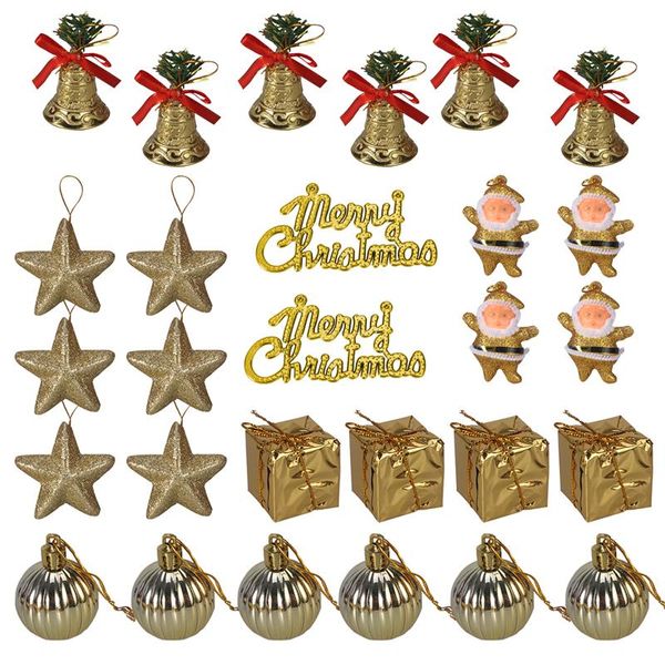 

28pcs colorful glitter mini jingle bells stars gifts balls santa claus merry christmas letter tag christmas pendant for xmas