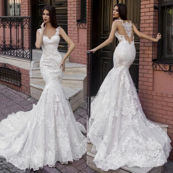 fabulous mermaid lace wedding dresses spaghetti straps neck appliqued backless bridal gowns sweep train trumpet vestido de novia, White
fabulous mermaid lace wedding dresses spaghetti straps neck appliqued backless bridal gowns sweep train trumpet vestido de novia, White