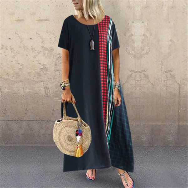 women summer loose dress cotton linen round neck short sleeve loose print plaid stripe party maxi dresses summer dress 2019, Black;gray
women summer loose dress cotton linen round neck short sleeve loose print plaid stripe party maxi dresses summer dress 2019, Black;gray