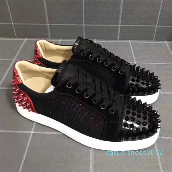 with box designer sneakers low cut spikes flats shoes red bottom for men and women leather sneakers party designer shoes c12, Black