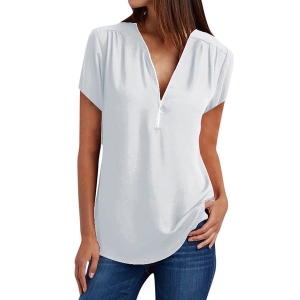 2019 new ladies fashion casual loose chiffon zip blouse v-neck short sleeve tees, White
2019 new ladies fashion casual loose chiffon zip blouse v-neck short sleeve tees, White
