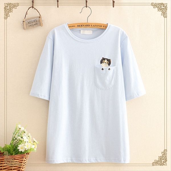 short-sleeved t- female 2019 women's pocket cute cat embroidery t- embroidered shirt casual base shirt female, White
short-sleeved t- female 2019 women's pocket cute cat embroidery t- embroidered shirt casual base shirt female, White
